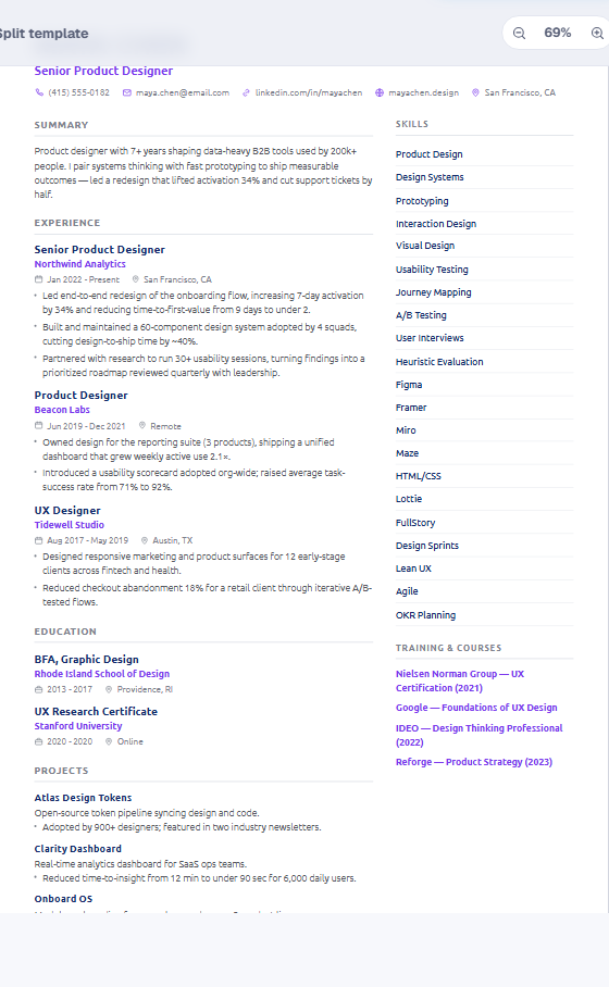Split resume template